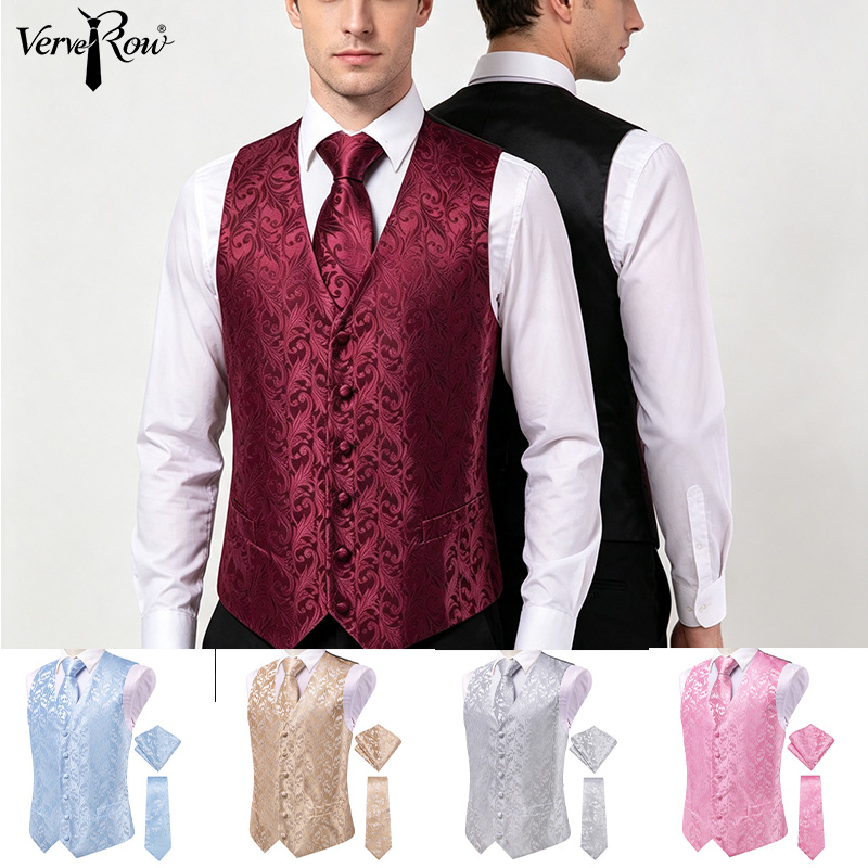 Pocket Square Set - VerveRow Herren Burgunderrotes Blumen-Jacquard-Anzugweste 3-teiliges Set