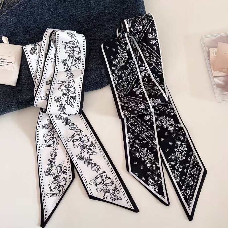 Ascot Neck Scarf - Schwarz-Weißer Doppelseitiger Paisley-Langschal als Hemdkragen-Dekor, Haarband,