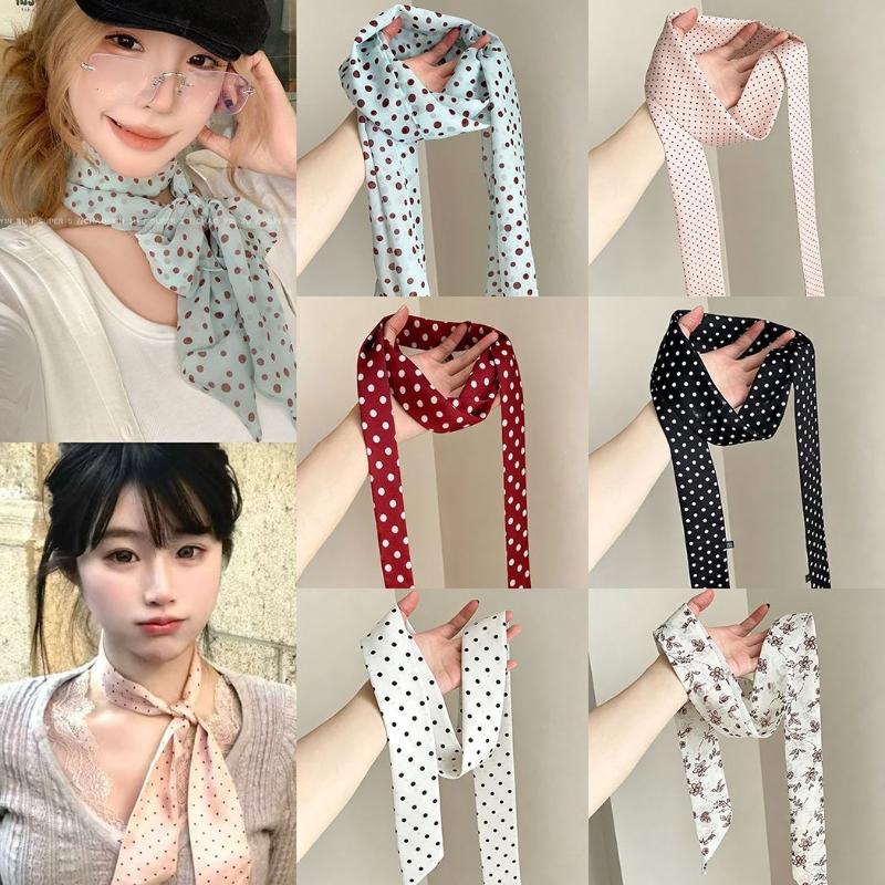 Ascot Neck Scarf - Seidenschal mit gepunktetem Blumenmuster, dünner Halstuch,